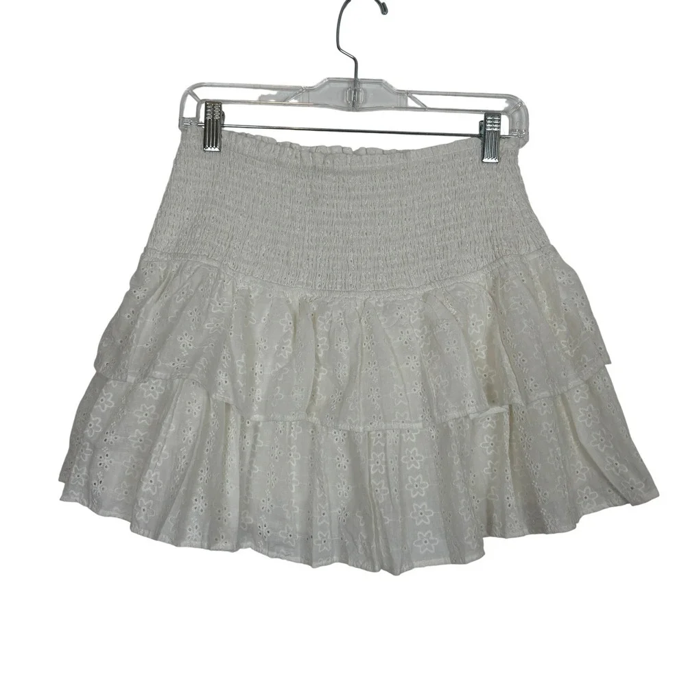 Eyelet Ruffle Mini Skirt SMALL White Cotton Smocked Boho Cottagecore Milkmaid